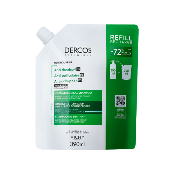 VICHY DERCOS DS, šampūnas pleiskanojančiai, riebiai galvos odai, ekonomiškas papildymas, 390ml  paveikslėlis VICHY DERCOS DS, šampūnas pleiskanojančiai, riebiai galvos odai, ekonomiškas papildymas, 390ml  paveikslėlis