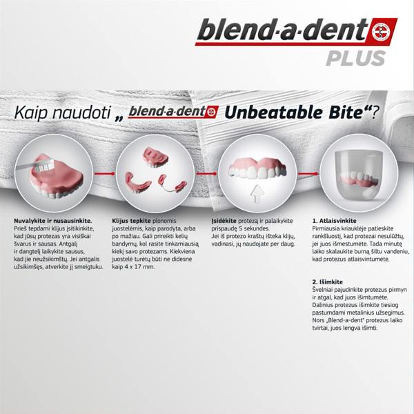 BLEND A DENT PLUS UNBEATABLE BITE NO FLAVOR, Fiksuojamasis dantų protezų kremas, 40g  paveikslėlis BLEND A DENT PLUS UNBEATABLE BITE NO FLAVOR, Fiksuojamasis dantų protezų kremas, 40g  paveikslėlis
