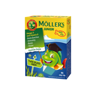 MOLLER'S OMEGA-3 JUNIOR, 45 kramtomosios gelinės žuvelės paveikslėlis MOLLER'S OMEGA-3 JUNIOR, 45 kramtomosios gelinės žuvelės paveikslėlis