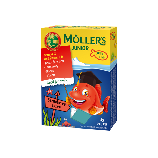 MOLLER'S OMEGA-3 JUNIOR, žuvų taukai, 45 braškių-aviečių skonio kramtomosios gelinės žuvelės paveikslėlis MOLLER'S OMEGA-3 JUNIOR, žuvų taukai, 45 braškių-aviečių skonio kramtomosios gelinės žuvelės paveikslėlis