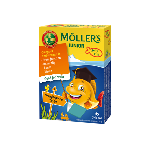 MOLLER'S OMEGA-3 JUNIOR, citrinų-apelsinų skonio, 45 kramtomosios gelinės žuvelės  paveikslėlis