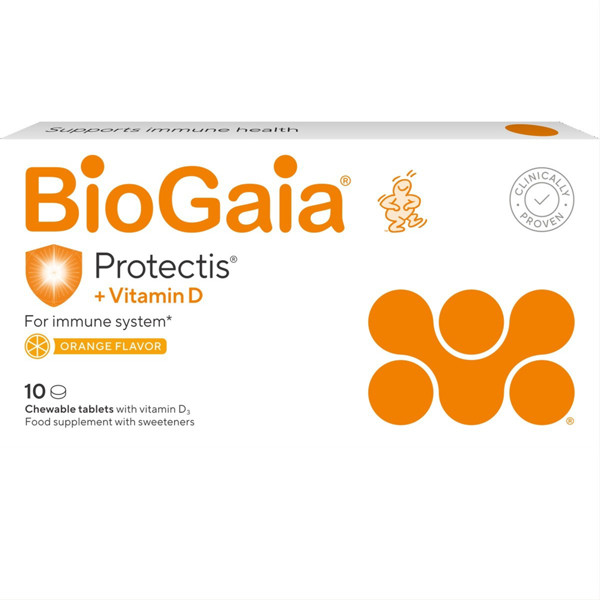 BIOGAIA PROTECTIS, 10 kramtomųjų tablečių su vitaminu D3, apelsinų skonio paveikslėlis
