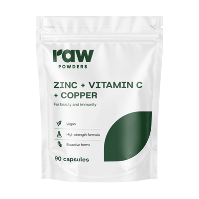 RAW POWDERS CINKAS + VITAMINAS C + VARIS, 90 kapsulių paveikslėlis