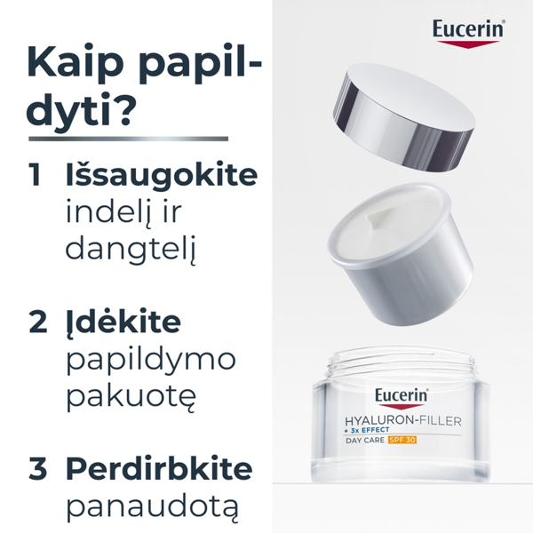 Eucerin Hyaluron-Filler + 3x Effect, dieninis kremas, SPF 30, papildymas, 50ml paveikslėlis Eucerin Hyaluron-Filler + 3x Effect, dieninis kremas, SPF 30, papildymas, 50ml paveikslėlis