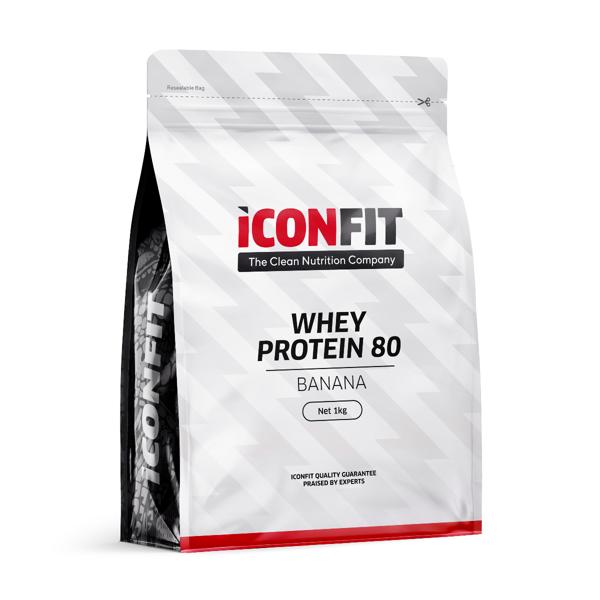 ICONFIT WHEY PROTEIN 80, išrūgų baltymų koncentratas, bananų skonio, 1 kg, 1 vnt. paveikslėlis
