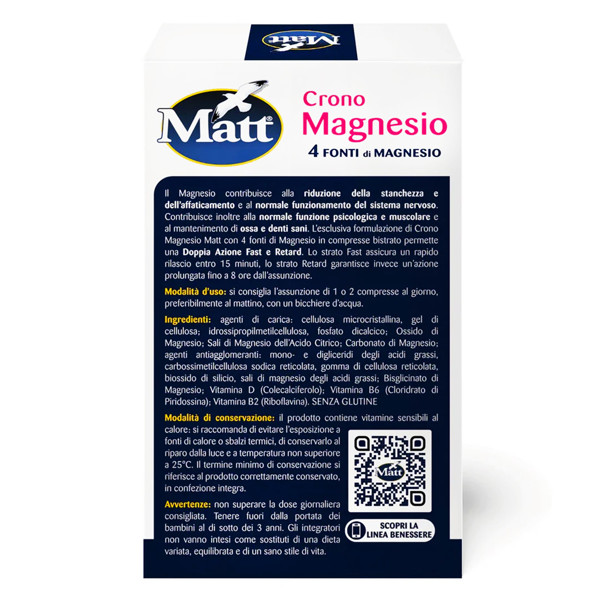 MATT Crono Magnesio, 4 magnio druskos su vitaminais B2, B6, D, 30 tablečių
