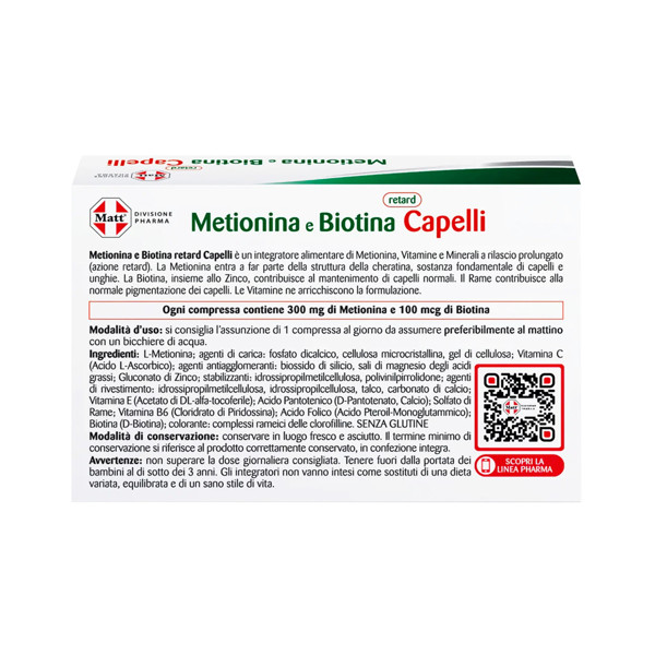 MATT DIVISIONE PHARMA Metionina e Biotina retard, plaukams, 30 tablečių