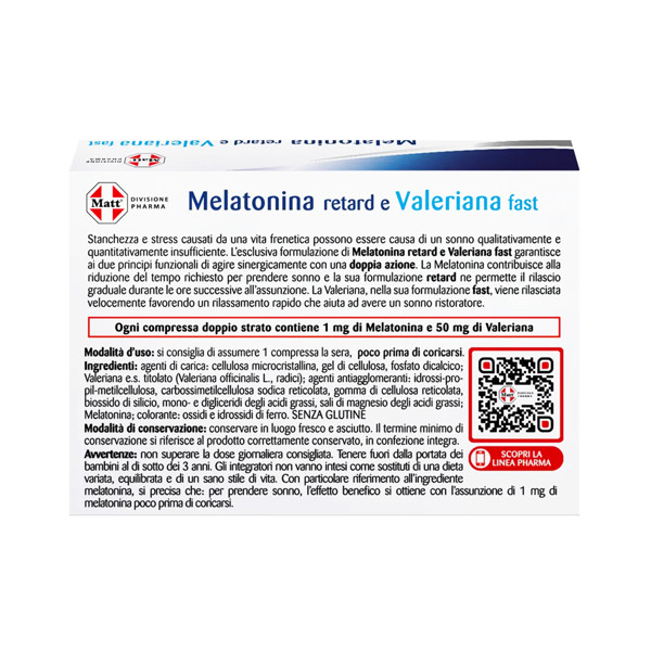 MATT DIVISIONE PHARMA Melatonina Valeriana, miegui ir ramybei, 30 tablečių MATT DIVISIONE PHARMA Melatonina Valeriana, miegui ir ramybei, 30 tablečių