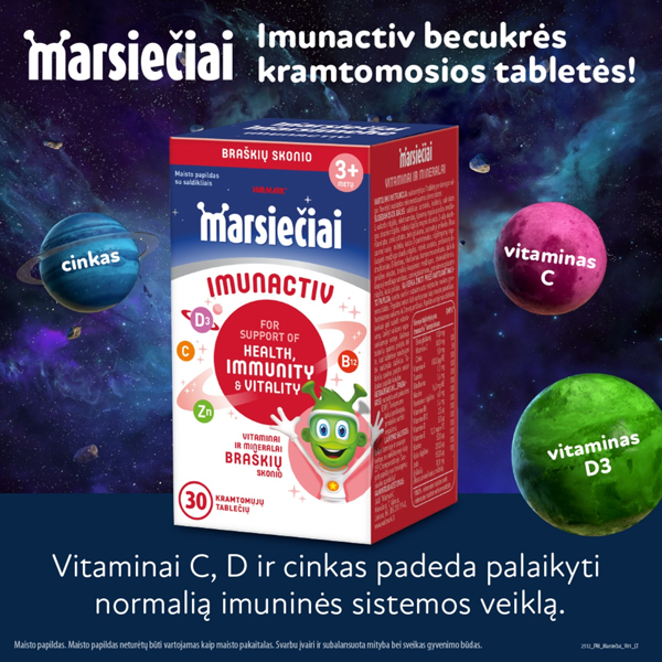 MARSIEČIAI IMUNACTIV, braškių skonio, 30 kramtomųjų tablečių paveikslėlis