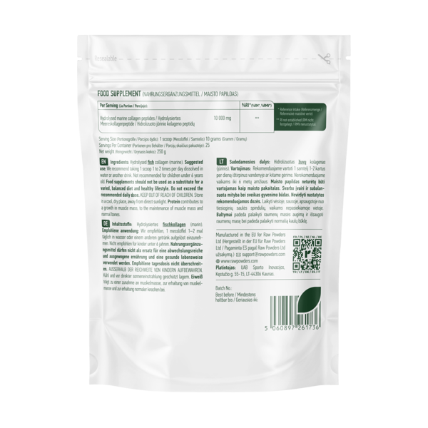 RAW POWDERS HIDROLIZUOTAS JŪRINIS KOLAGENAS PEPTAN® milteliai, 250 g