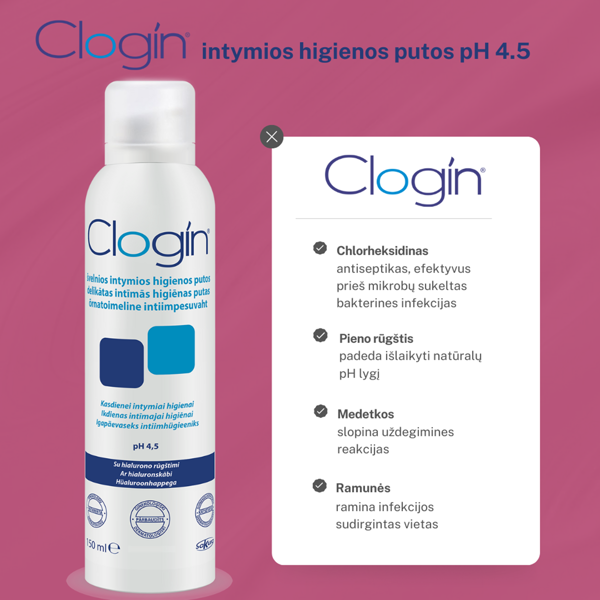 CLOGIN, intymios higienos prausimosi putos, pH 4,5, 150 ml paveikslėlis