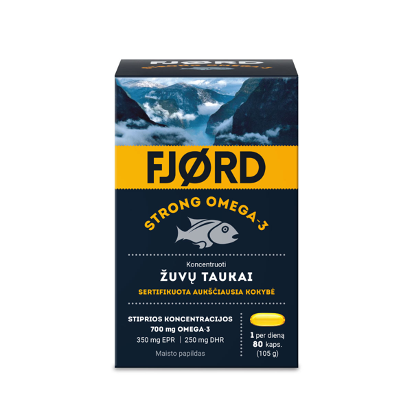 FJORD STRONG OMEGA-3, žuvų taukai, 80 kapsulių paveikslėlis FJORD STRONG OMEGA-3, žuvų taukai, 80 kapsulių paveikslėlis