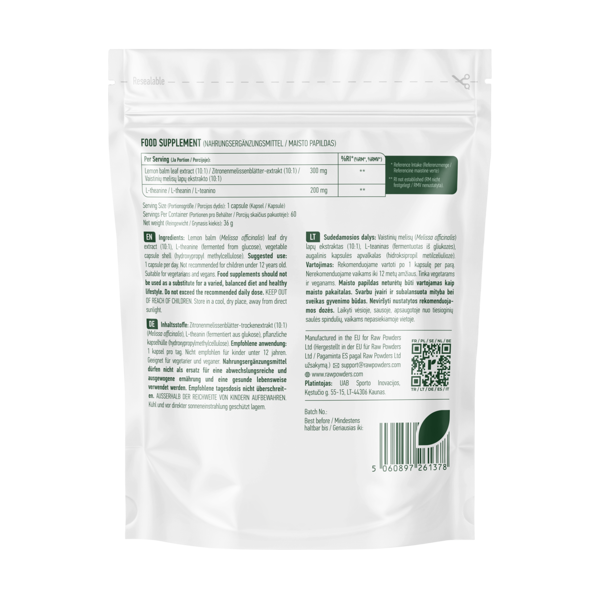 RAW POWDERS L-TEANINAS + VAISTINĖ MELISA, 60 kapsulių