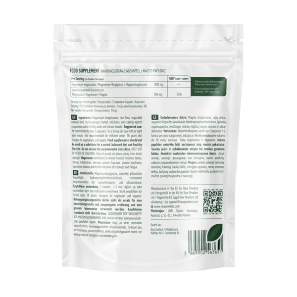 RAW POWDERS MAGNIO BISGLICINATAS, 500 mg, 120 kapsulių paveikslėlis