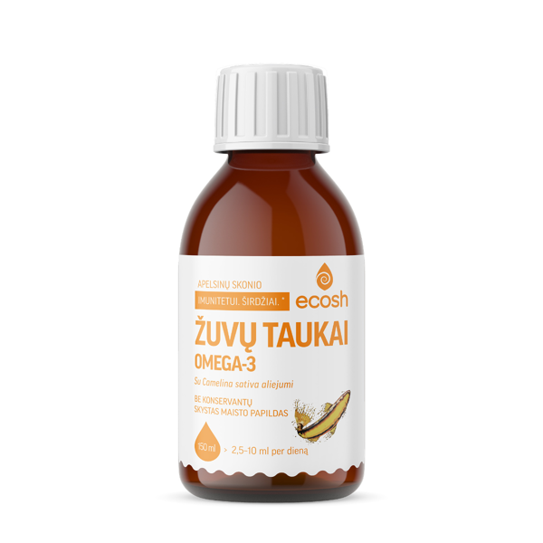 ECOSH žuvų taukai, su camelina sativa aliejumi, apelsinų skonio, 150 ml paveikslėlis ECOSH žuvų taukai, su camelina sativa aliejumi, apelsinų skonio, 150 ml paveikslėlis
