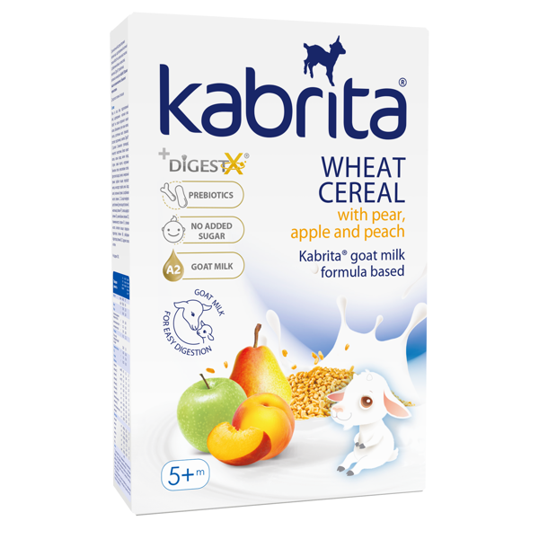 Kabrita® kvietinė košė su kriaušėmis, obuoliais ir persikais su pieno mišiniu vaikams nuo 5mėn. 180g