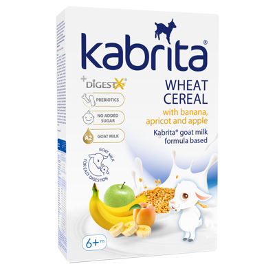 Kabrita® kviečių košė su bananais, abrikosais, obuoliais, su ožkos pienų, kūdikiams nuo 6mėn. 180g