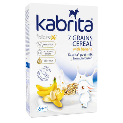 Kabrita® 7 grūdų košė su bananais, pagaminta su ožkos pieno mišiniu, kūdikiams nuo 6 mėn., 180 g