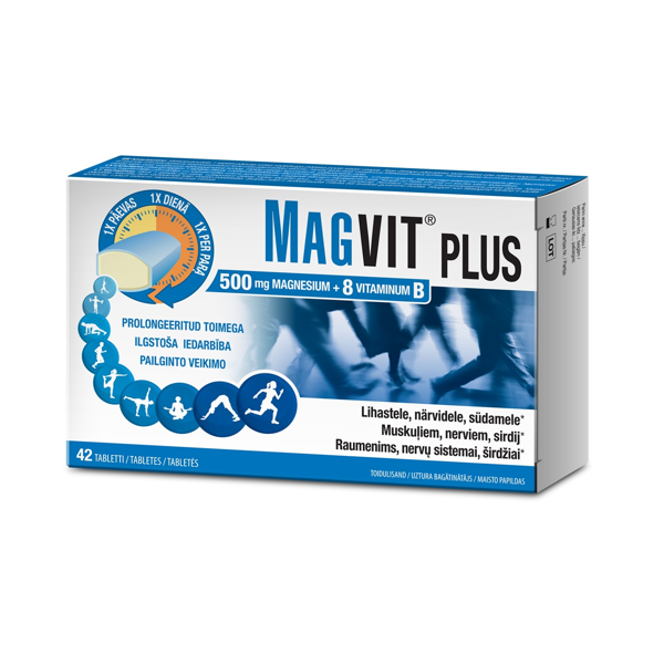 MAGVIT PLUS, 500 mg magnio ir 8 B grupės vitaminai, 42 tabletės paveikslėlis MAGVIT PLUS, 500 mg magnio ir 8 B grupės vitaminai, 42 tabletės paveikslėlis
