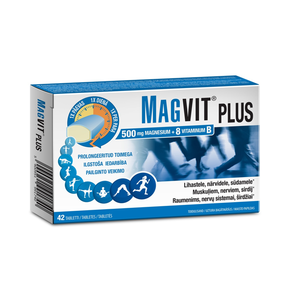 MAGVIT PLUS, 500 mg magnio ir 8 B grupės vitaminai, 42 tabletės paveikslėlis MAGVIT PLUS, 500 mg magnio ir 8 B grupės vitaminai, 42 tabletės paveikslėlis