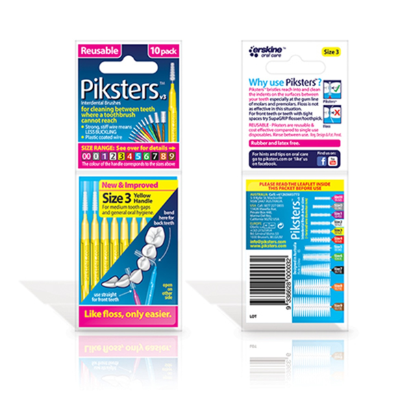 PIKSTERS, tarpdančių šepetėlių pakuotė, dydis 3, geltoni, 10 vnt. paveikslėlis PIKSTERS, tarpdančių šepetėlių pakuotė, dydis 3, geltoni, 10 vnt. paveikslėlis