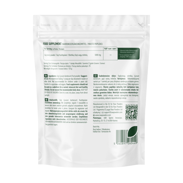 RAW POWDERS GOJI UOGŲ milteliai, 125 g RAW POWDERS GOJI UOGŲ milteliai, 125 g