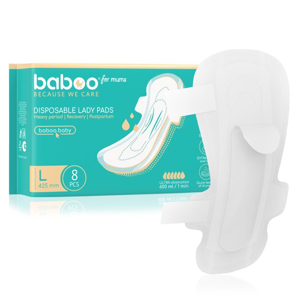 BABOO, naktiniai įklotai po gimdymo, L dydis, 8 vnt. paveikslėlis BABOO, naktiniai įklotai po gimdymo, L dydis, 8 vnt. paveikslėlis