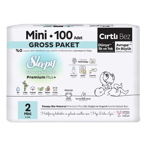 SLEEPY “Bio Natural” sauskelnės, 2 dydis, (3-6 kg. / 100 vnt. )