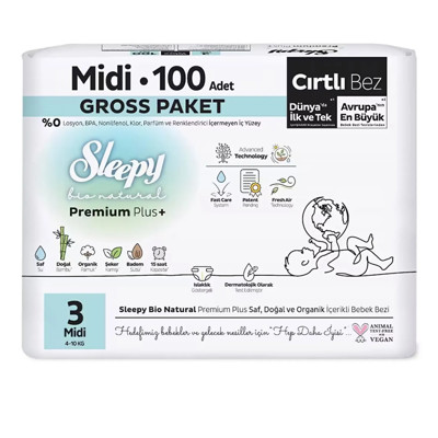 SLEEPY “Bio Natural” sauskelnės, 3 dydis, (4-9 kg. / 100 vnt. )