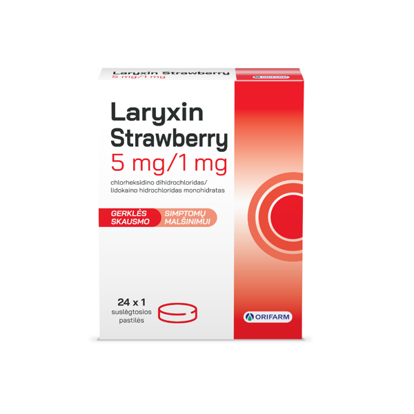 LARYXIN Strawberry, 5 mg/1 mg, 24 suslėgtosios pastilės paveikslėlis