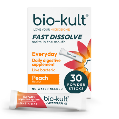 BIO-KULT EVERYDAY, burnoje greitai tirpstantys milteliai, persikų skonio, 30 paketėlių paveikslėlis