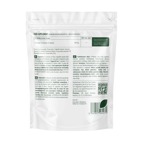 RAW POWDERS D-MANOZĖ 500 mg, 90 kapsulių