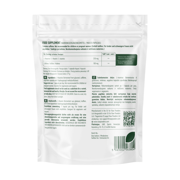 RAW POWDERS L-TEANINAS + KOFEINAS PLUS, 60 kapsulių
