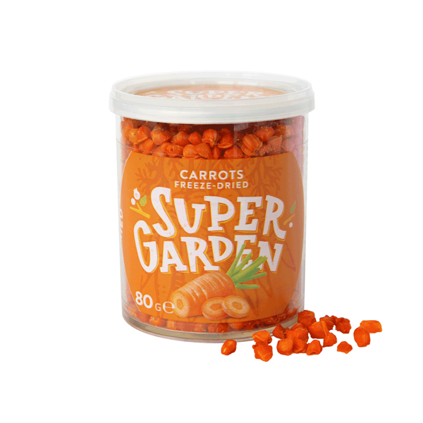 (A) SUPERGARDEN, morkos granulėmis, džiovintos šaltyje, M 80g