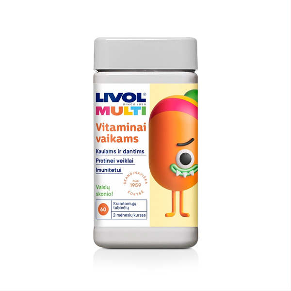 LIVOL MULTI, vitaminai vaikams, vaisių skonio, 60 kramtomųjų tablečių paveikslėlis