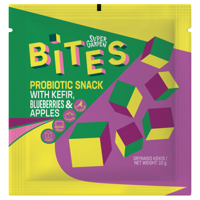SUPERGARDEN BITES PROBIOTINIS UŽKANDIS su liofilizuotu kefyru, mėlynėmis ir obuoliais