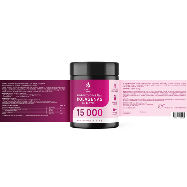 GAMTOS NAMAI HIDROLIZUOTAS PEPTAN KOLAGENAS 15 000, su biotinu, kriaušių skonio milteliai, 240 g. paveikslėlis