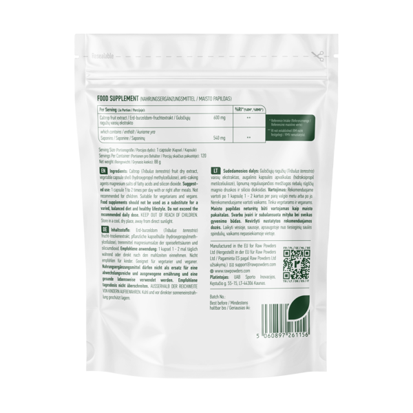 RAW POWDERS GULSČIOJI RAGUŽĖ (TRIBULUS TERRESTRIS) 600 mg, 120 kapsulių