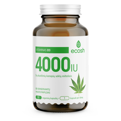 ECOSH vitaminas D3 4000IU, su pluoštinių kanapių sėklų milteliais, 90 kapsulių paveikslėlis