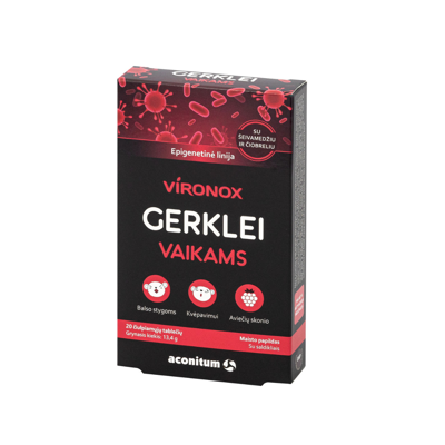 VIRONOX, gerklei vaikams, aviečių skonio, 20 čiulpiamųjų tablečių paveikslėlis