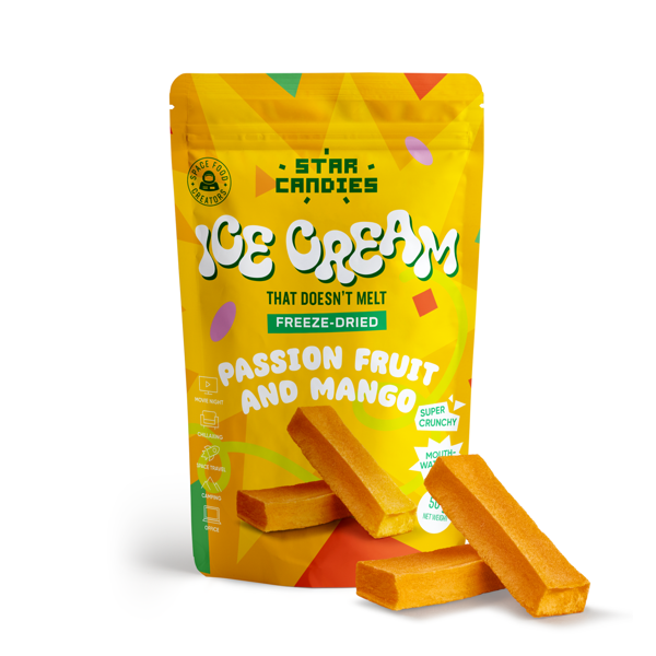 STAR CANDIES Šaltyje džiovinti vaisiniai mangų pasiflorų skonio ledai, 50g