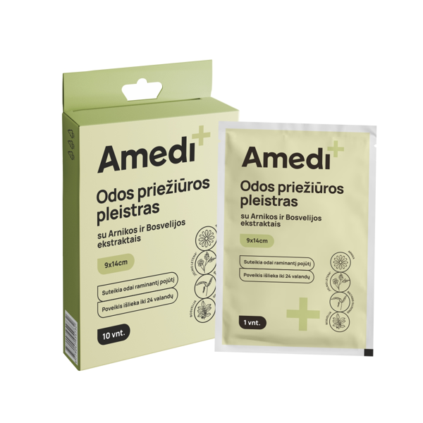 AMEDIPLUS, odos priežiūros pleistras su Arnikos ir Bosvelijos ekstraktais, 9x14cm, 10 vnt. paveikslėlis