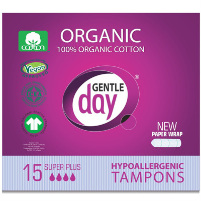 GENTLE DAY SUPER PLUS,ekogiškos medvilnės tamponai, 15 vnt. paveikslėlis