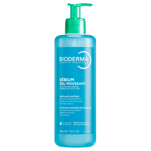 BIODERMA, Sebium Gel Moussant, švelnus gelinis prausiklis riebiai mišriai odai, 400 ml paveikslėlis