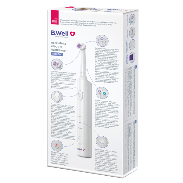 B.WELL PRO-800 elektrinis rotacinis dantų šepetėlis, Baltas