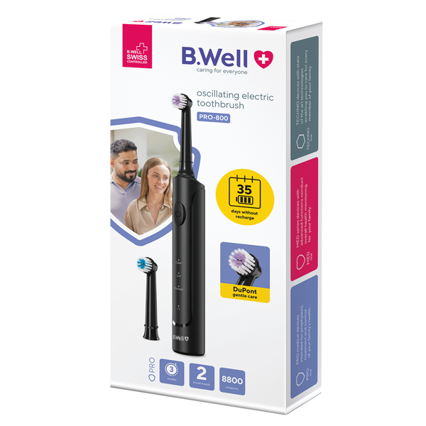 B.WELL PRO-800 elektrinis rotacinis dantų šepetėlis, Juodas