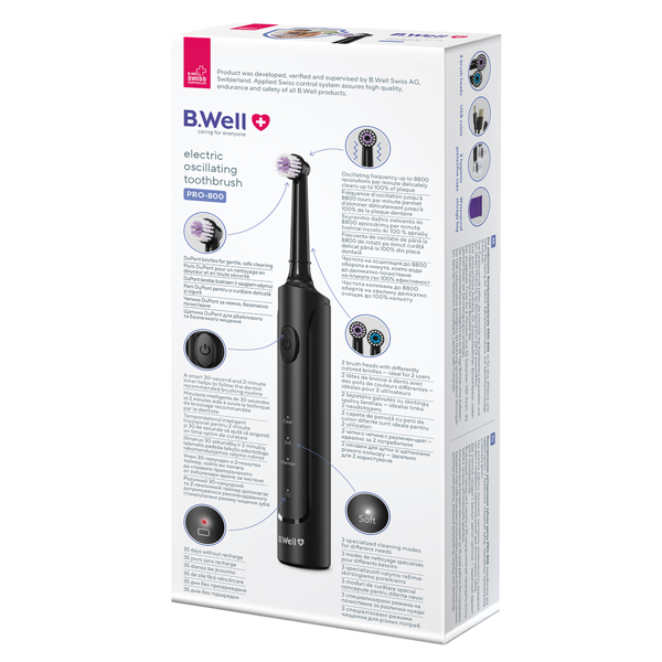 B.WELL PRO-800 elektrinis rotacinis dantų šepetėlis, Juodas