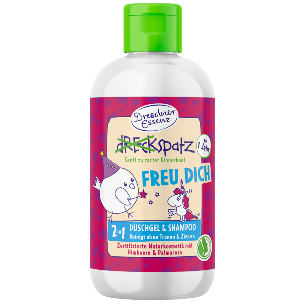 DRESDNER ESSENZ 2-in-1 Dušo žele & Šampūnas vaikams „Laimė & Džiaugsmas“   (aviečių kvapo) 250 ml