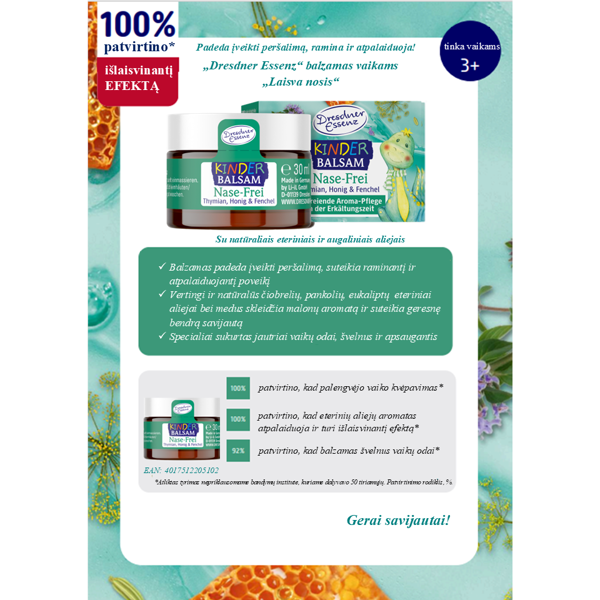 Balzamas vaikams DRESDNER ESSENZ „Laisva nosis“ 30 ml