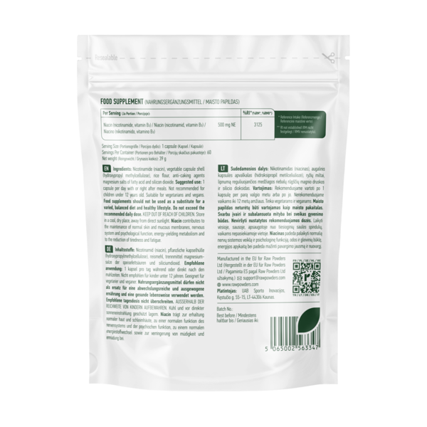RAW POWDERS NIACINAS (VITAMINAS B3), 500 mg, 60 kapsulių paveikslėlis